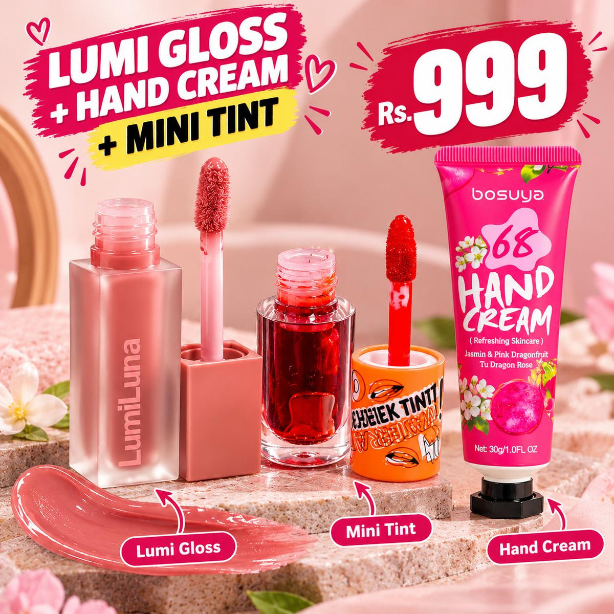 3-Piece Beauty Deal – Lumi Gloss, Mini Tint & Hand Cream