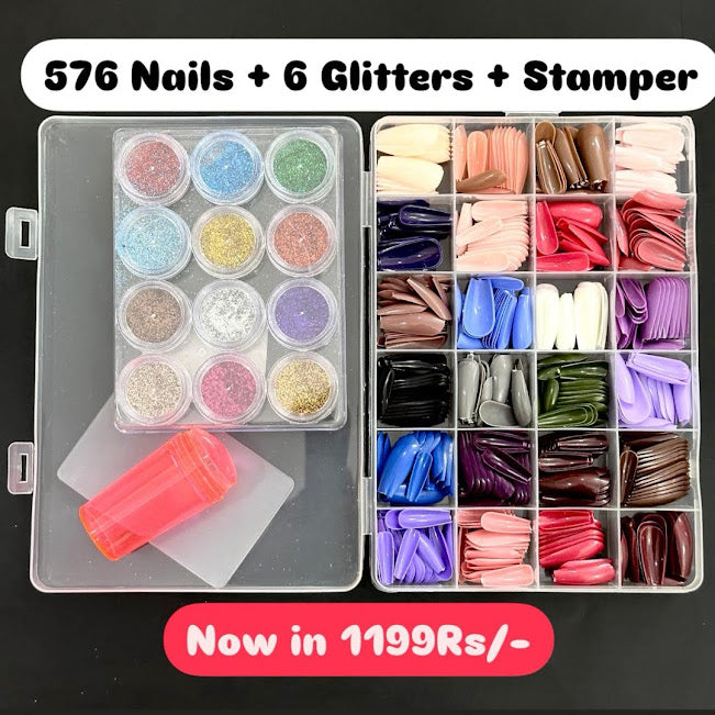 Ultimate Nail Art Deal β 576 Nails + 6 Nail Glitters + Nail Stamper