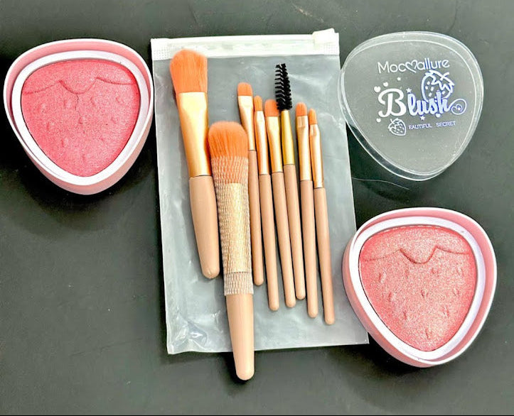 8 Pcs pouch Brush + Highlighter & Blushon