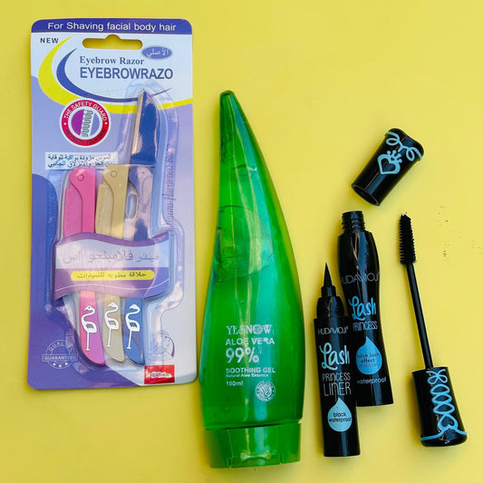 Beauty Essentials Deal – Flamingo Razor + Aloe Vera Gel + HudaMoji Liner & Mascara Set