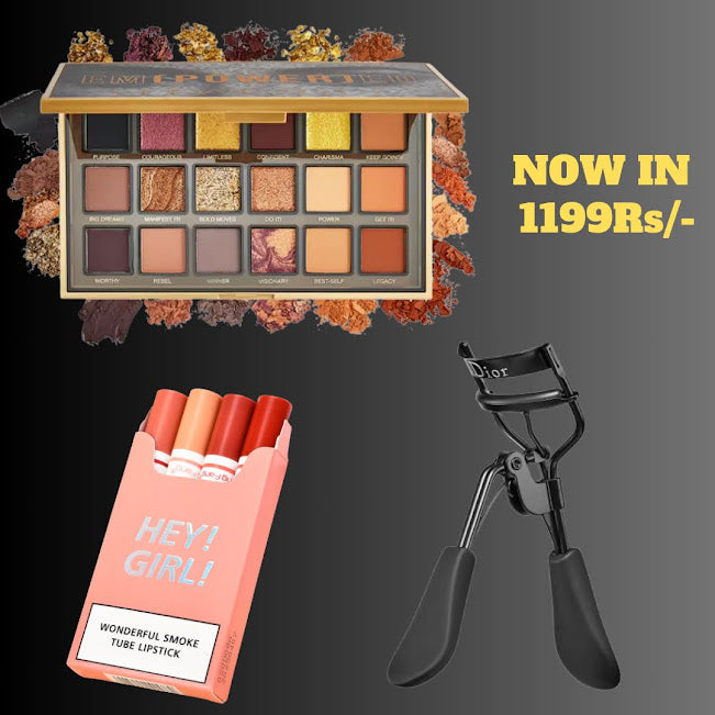 3 Pcs Combo Deal β Huda Empowered Eye Palette + Hey Girl Bullet Lipstick + Lash Curler