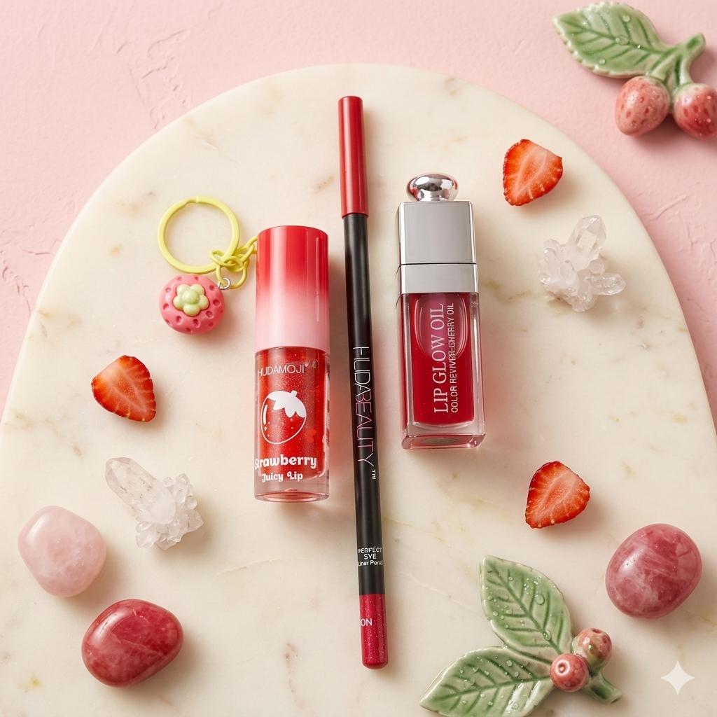 Premium lip combo (Dior Lip Glow, Hudamoji Keychain Gloss, and Lip Pencil)