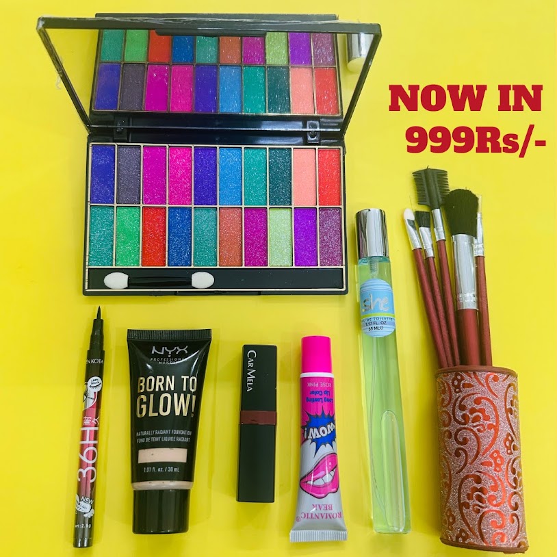 7 Pcs Deal - 20 coloreyekit, stand brush, she spray, Wow Gloss , Carla Lip , Tube found & 36Hrs liner