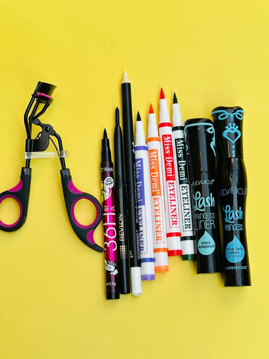 10 Pcs Eye Deal (Huda Moji Liner and Mascara, 4 Colour Demi Liners, White and Black Eye Pencils, a 36-Hour Long Lasting Liner, and a Professional Lash Curler)