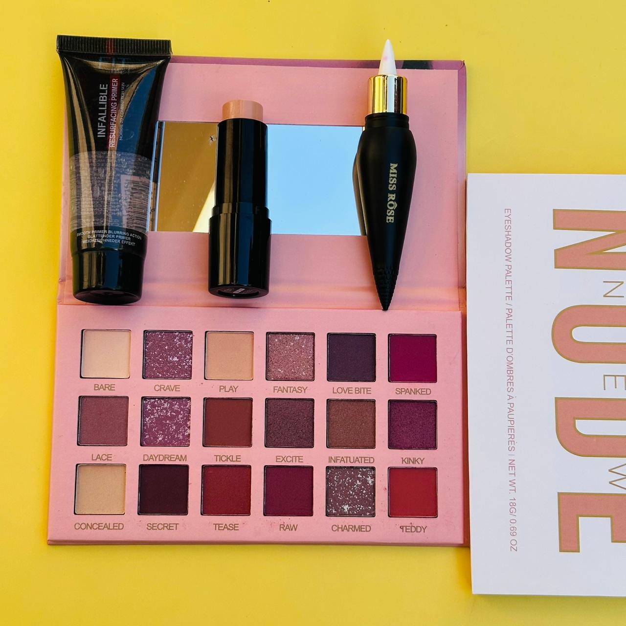 4-in-1 Makeup Deal ( Huda Nude Eyeshadow Palette, Face Stick, Primer, and Tip Liner )