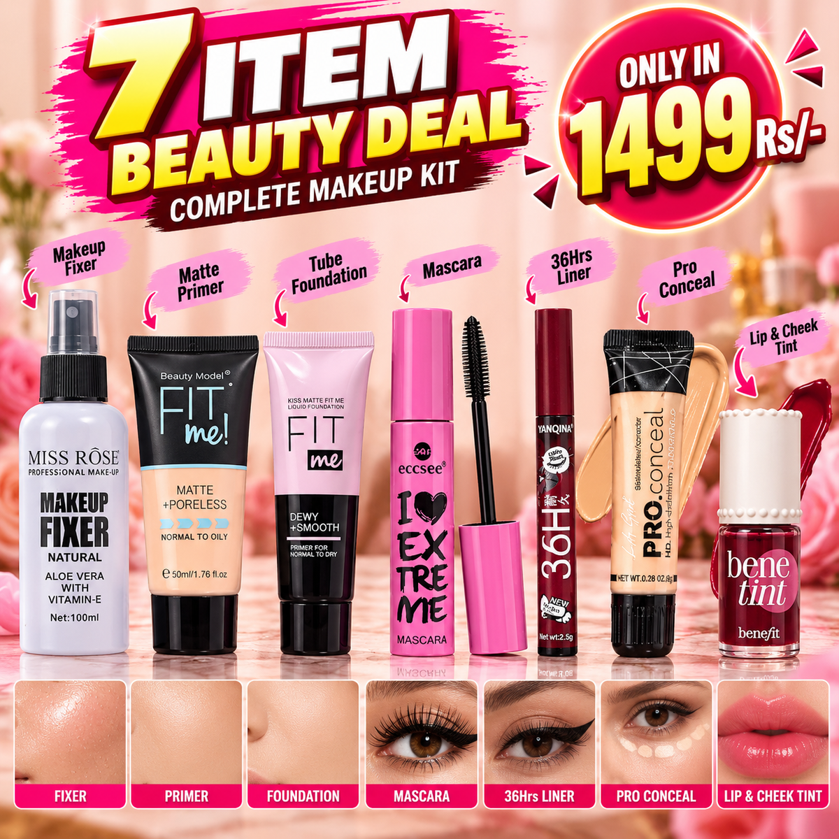 Fixer , Tube Found , Matt primer , Mascara , 36HR Liner , Pro Conc & Benetint