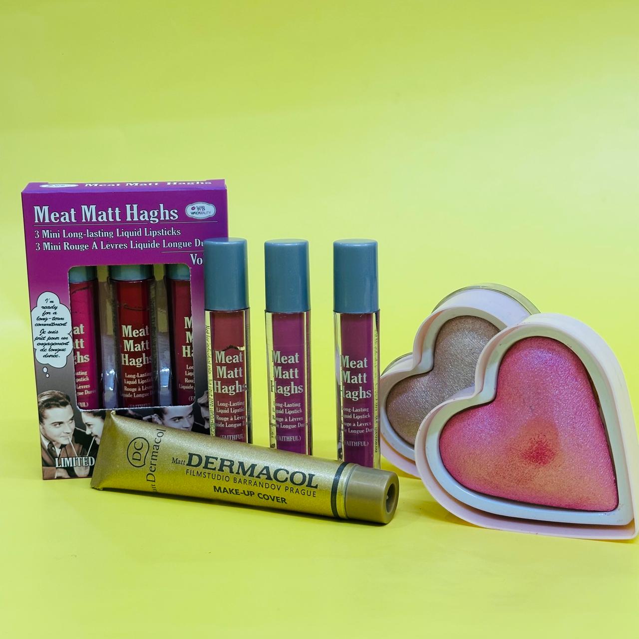 Glam Perfection Deal – 3 Pcs Meet Matte Gloss, Diamond Highlighter OR Blusher & Dermacol Foundation