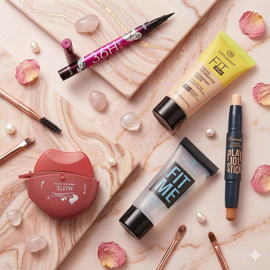 All-in-one beauty deal (Fit Me Tube Foundation & Primer , Contour Stick , 36Hr Liner & Apple Lipstick)