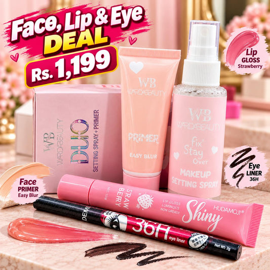Face, Lip & Eye Deal – Duo Primer & Fixer Set + Shiny Gloss + 36 Hr Eyeliner