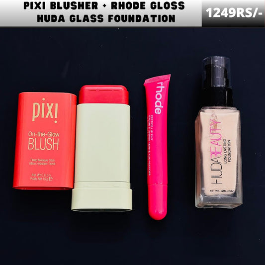 Premium 3-in-1 beauty bundle ( Pixi Blusher + Rhode Lip Gloss + Huda Beauty Glass Foundation)