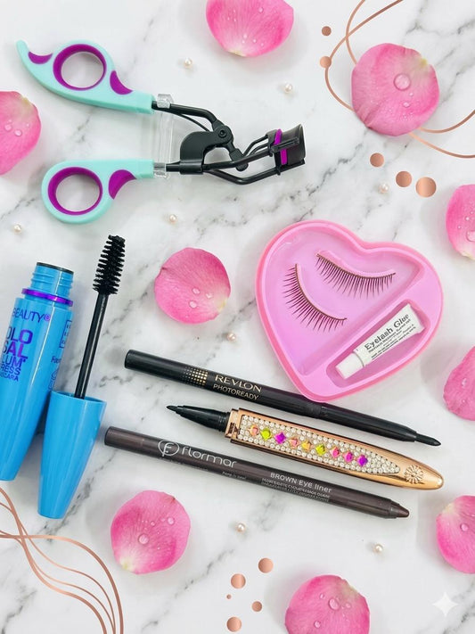All-in-one eye makeup deal (Mascara + Lash curler + EyeLash + kajal + magnetic liner + Glitter pencil)