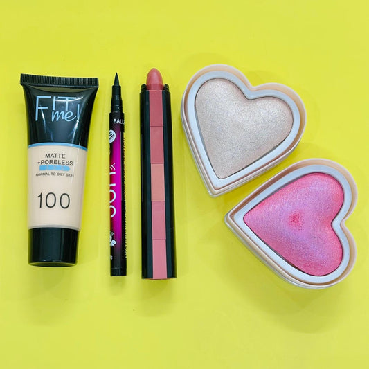 Complete Glam Deal – Heart Highlighter, Heart Blusher, 5 in 1 Lipstick, 36 HR Eyeliner & Tube Foundation