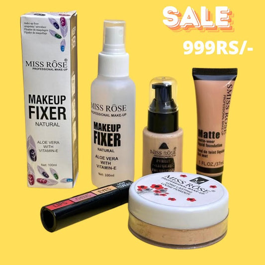 Miss Rose 5 Items Deal - Tube & Glass foundation, Loose powder, fixer & 3 in 1 Lip