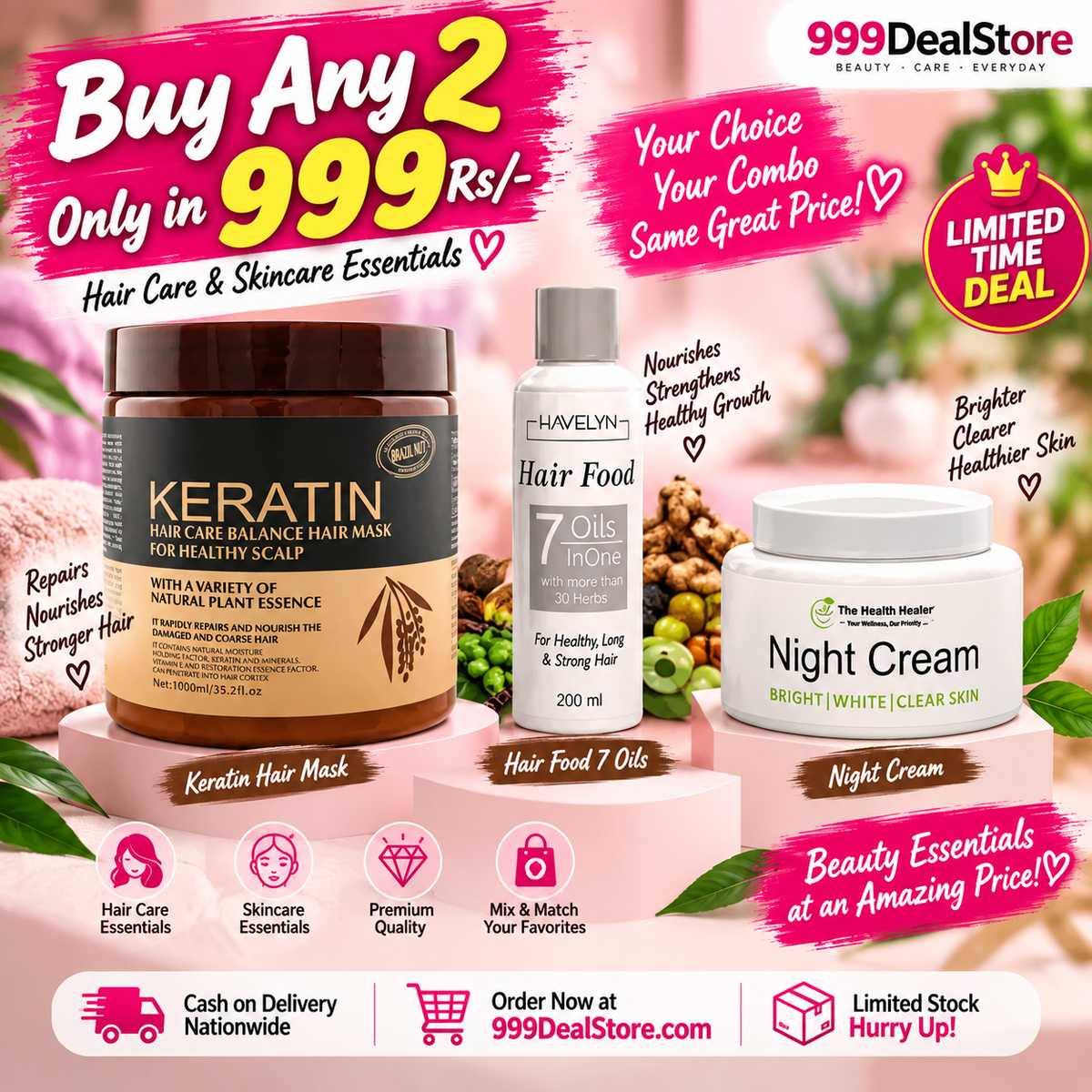 Pick Any 2: Health Healer Night Cream, Keratin Hair Mask & Havelyn Hair Food