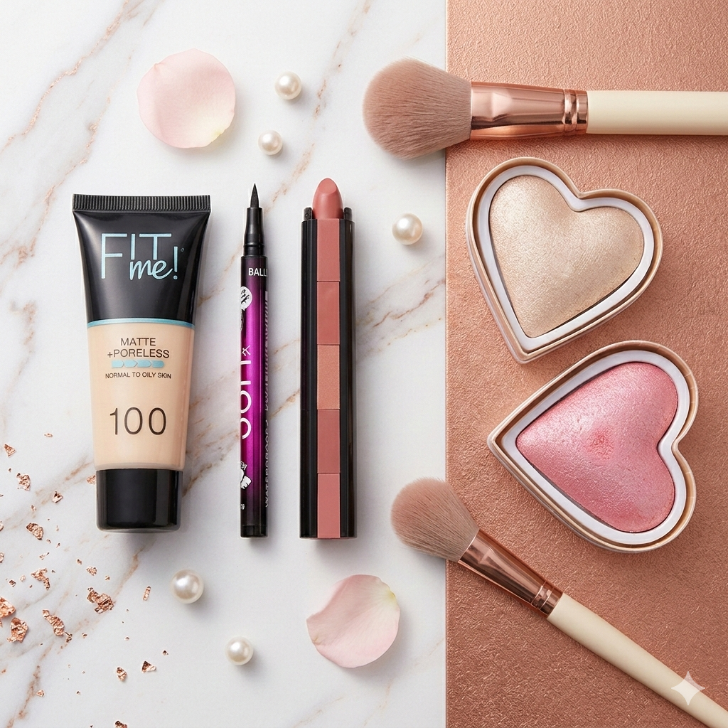 Complete Glam Deal – Heart Highlighter OR Heart Blusher, 5 in 1 Lipstick, 36 HR Eyeliner & Tube Foundation