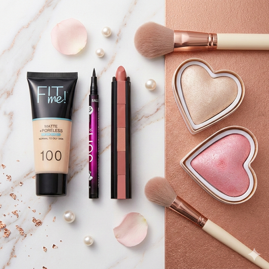 Complete Glam Deal – Heart Highlighter OR Heart Blusher, 5 in 1 Lipstick, 36 HR Eyeliner & Tube Foundation