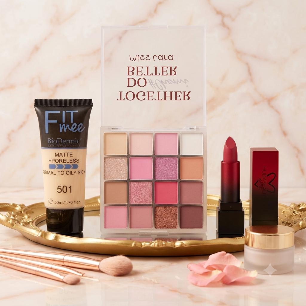 Amazing beauty combo (Miss Lara Eye Kit, Tube Foundation, and Lipstick)