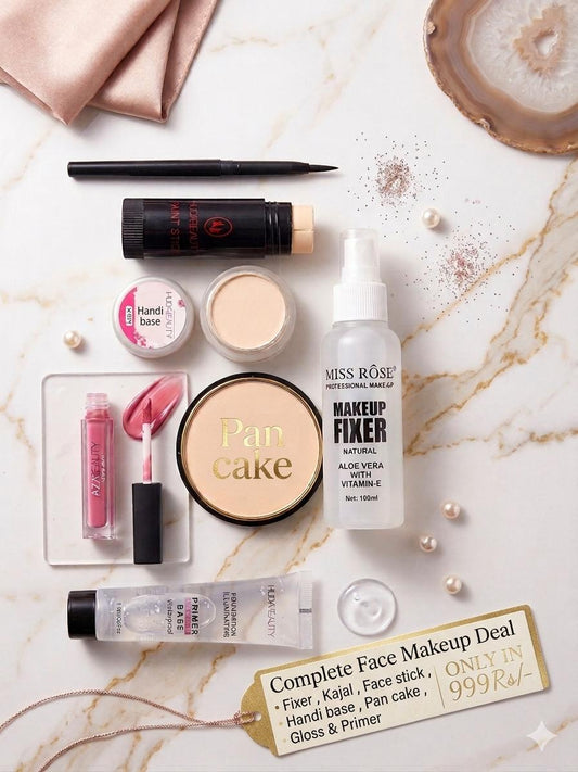 Complete Face Deal 7 Pcs - Face stick , Pan cake , Base , Fixer , Primer , Lipgloss & Kajal