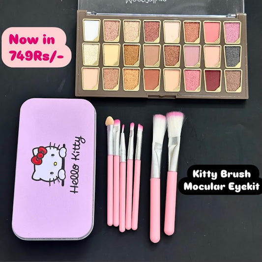 2 Pc Makeup Deal – Hello Kitty Brush Set + Mocular Eyeshadow Palette