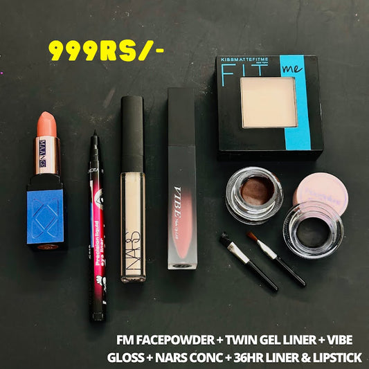 Twin Gel liner, Vibe Gloss, Nars conc , 36Hrs liner, FM Facepowder, Box lip