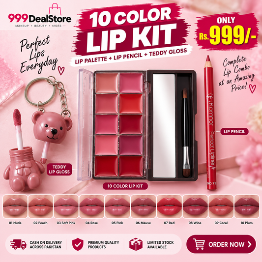 Beauty combo (10 Color Lip Kit, Teddy Gloss, and Lip Pencil)