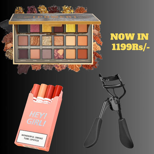 3 Pcs Combo Deal – Huda Empowered Eye Palette + Hey Girl Bullet Lipstick + Lash Curler