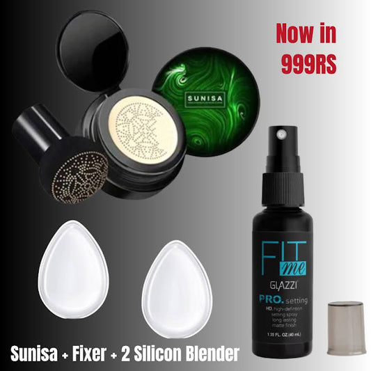 3 Pcs Combo Deal – Sunisa Foundation + 2 Silicone Blenders + Fit Me Makeup Fixer