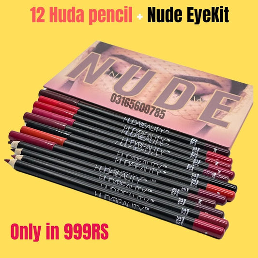 12 Pcs Huda Lip Pencils & 18 Colors Nude Eye Palette