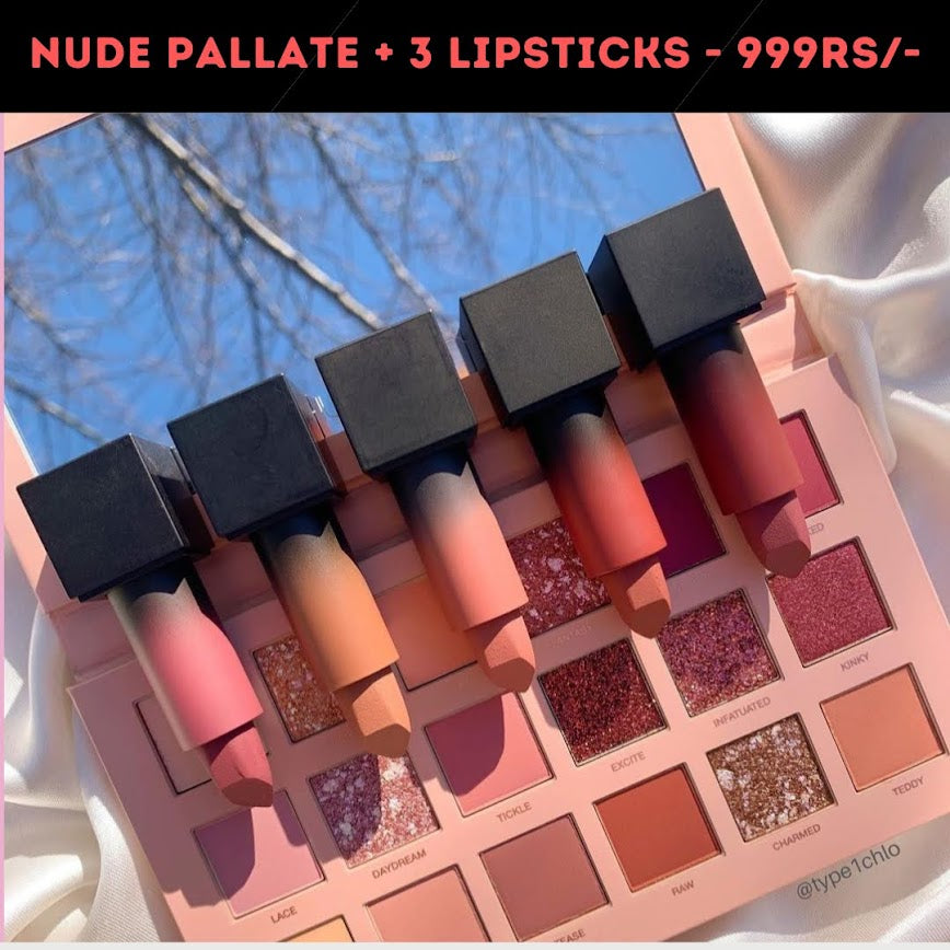 Huda Beauty Nude Eyeshadow Palette + 3 Lipsticks
