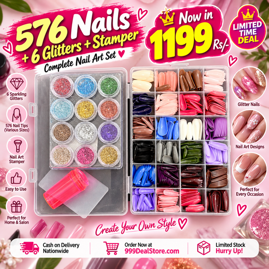 Ultimate Nail Art Deal – 576 Nails + 6 Nail Glitters + Nail Stamper
