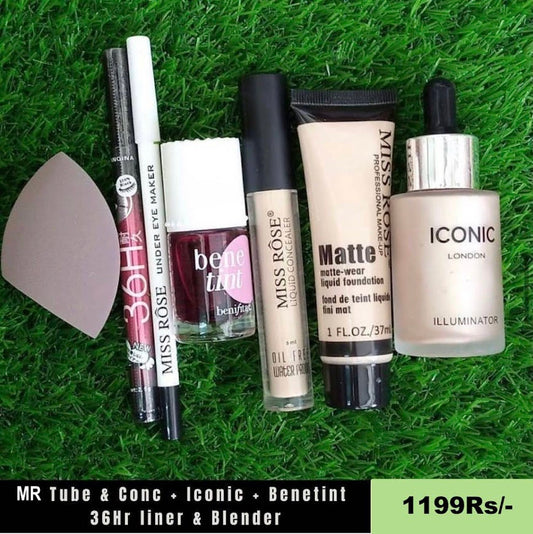 6 Items Deal - MR Tube Foundation & Concealer, Iconic , Benetint, 36 Hr Eyeliner, & Beauty Blender