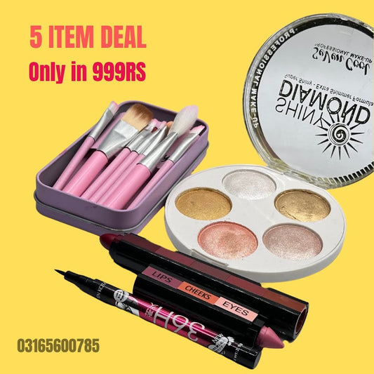 5 Items Makeup Deal – Higligher kit, Hello kitty brush,3 in 1 & 5 in1 Stick & 36HRs liner