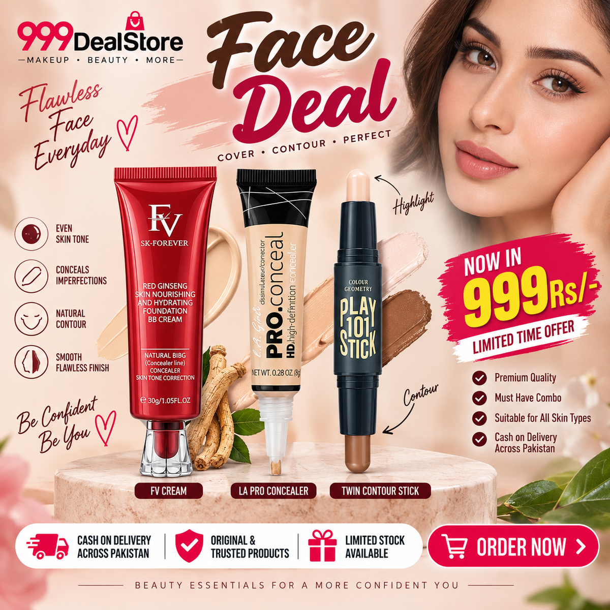 3 Pcs Combo Deal – FV BB Cream + Pro Concealer + Twin Contour Stick