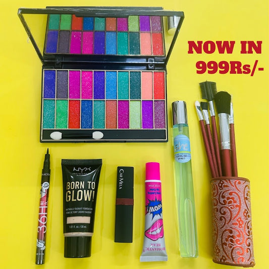7 Pcs Deal - 20 coloreyekit, stand brush, she spray, Wow Gloss , Carla Lip , Tube found & 36Hrs liner
