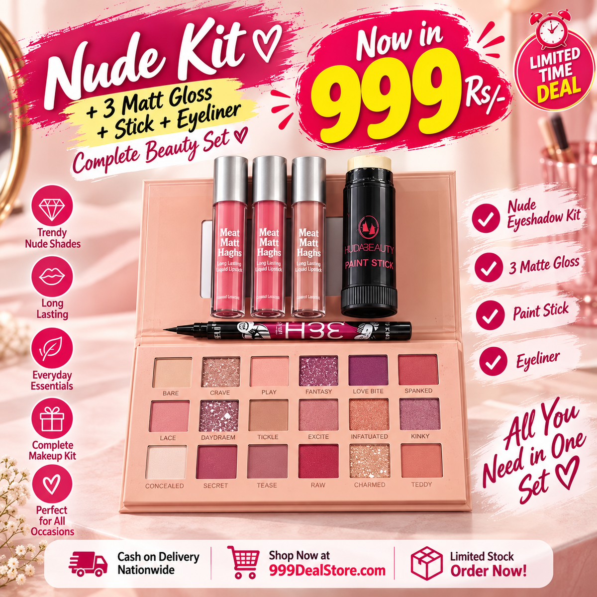 Nude Kit + 3 Matte Gloss + Stick + Liner – Complete Makeup Deal