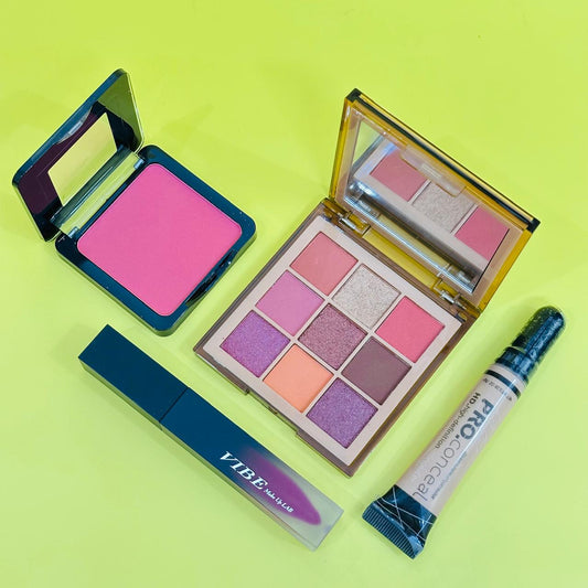 Mini Huda Nude Eye Shadow Kit, LA Concealer, Vibe Gloss & Fit Me Blusher