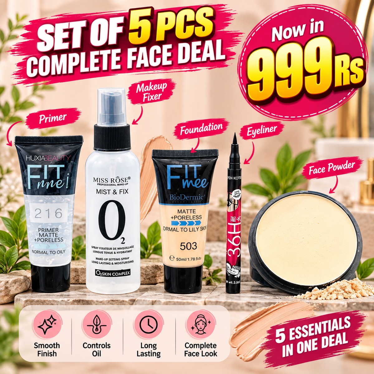 Complete beauty combo (Fit Me Tube Foundation, Primer, Fixer, Pancake, and 36Hr Liner)