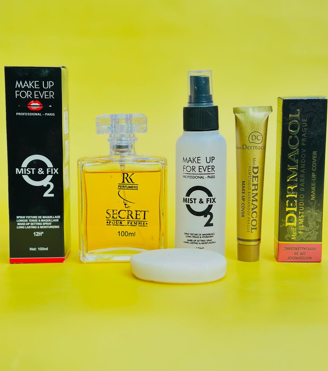 Beauty Glow Deal – Dermacol, Perfume, Makeup Fixer & Puff Blender