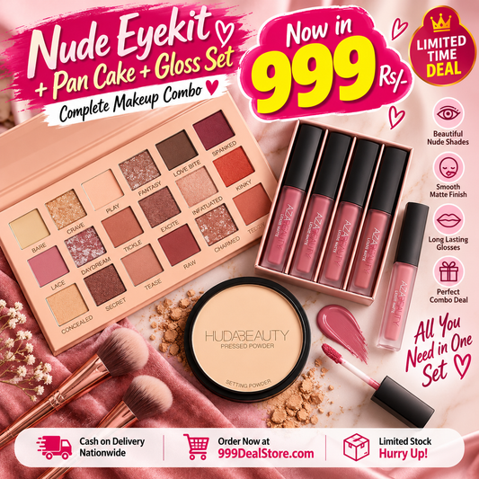 Makeup Deal (Huda Nude Kit Deal + Pan Cake + 4 Pcs Mini Lip Gloss Set)