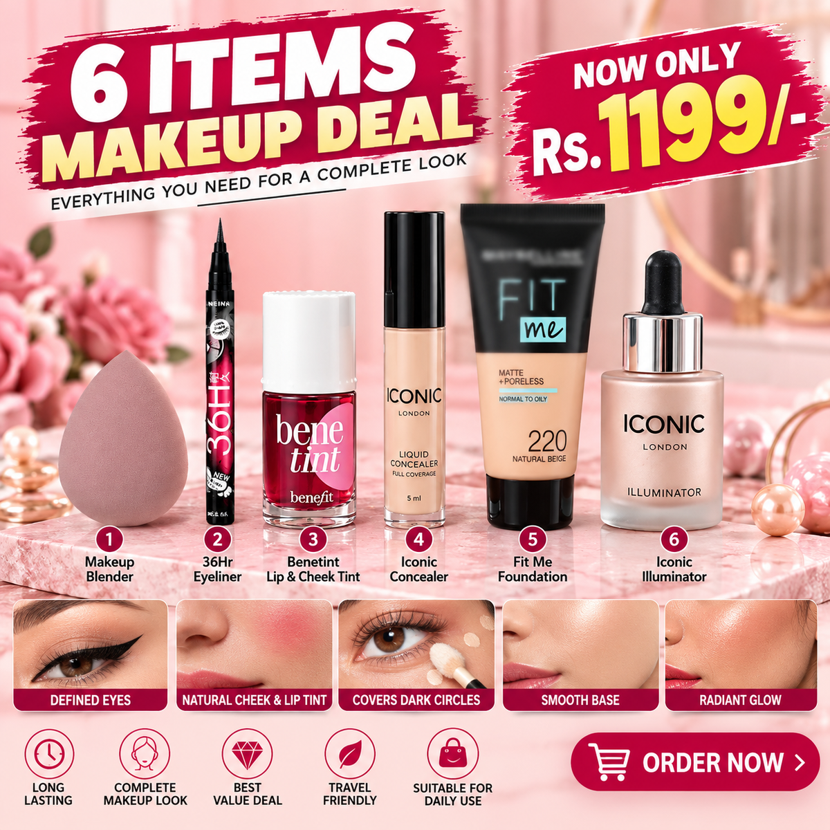6 Items Deal - Tube Foundation & Concealer, Iconic , Benetint, 36 Hr Eyeliner, & Beauty Blender