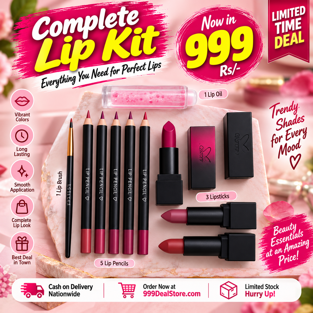 Lip Deal Combo: 3 Lipsticks + 5 Lip Pencils + Brush & Lip Oil
