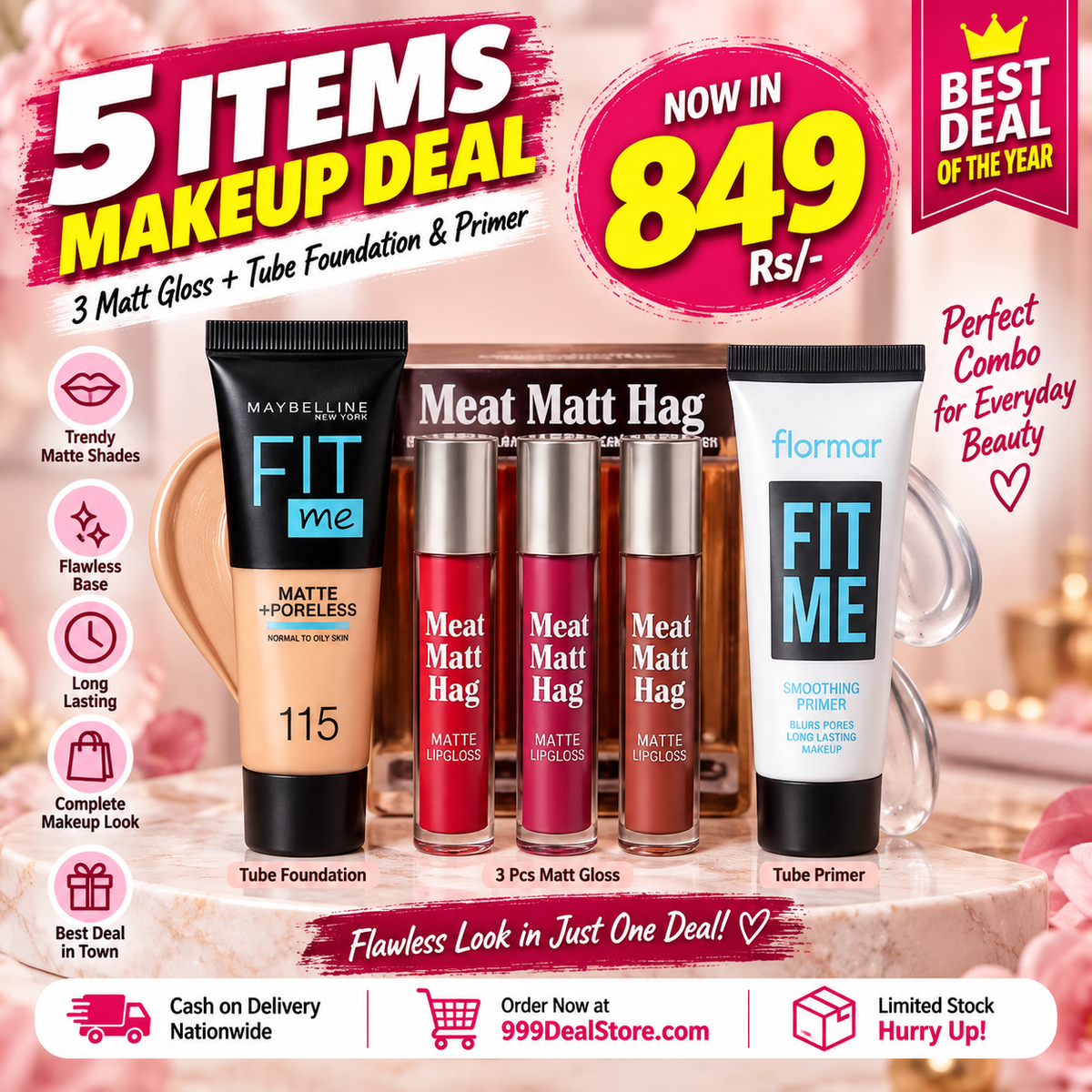 Complete Matte Makeup Deal – 3 Pcs Meet Matte Gloss, Fit Me Tube Foundation & Primer