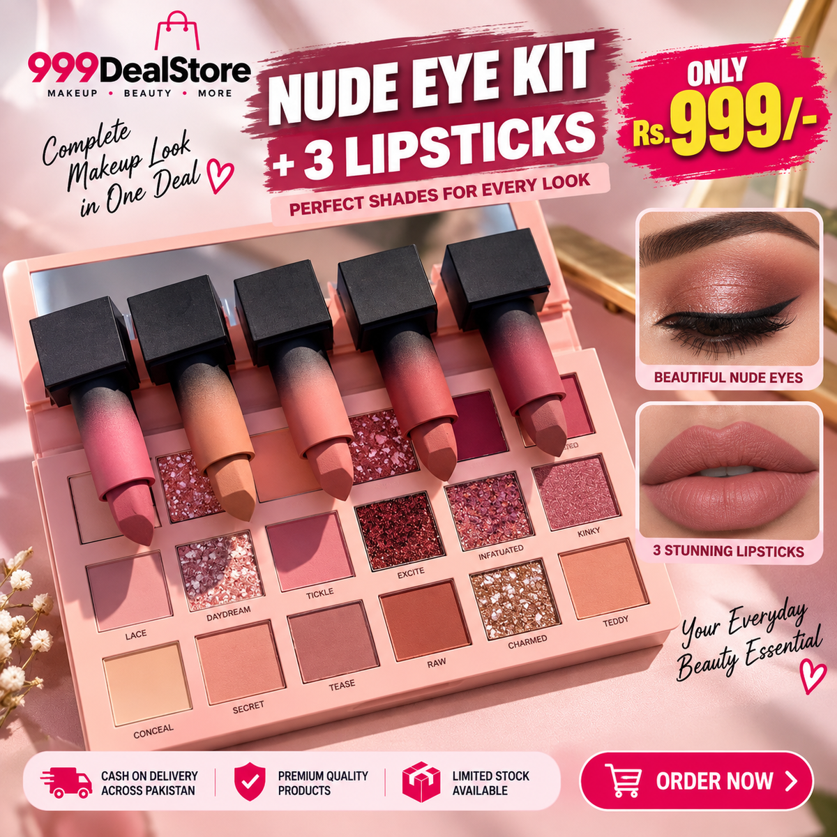 Huda Beauty Nude Eyeshadow Palette + 3 Lipsticks