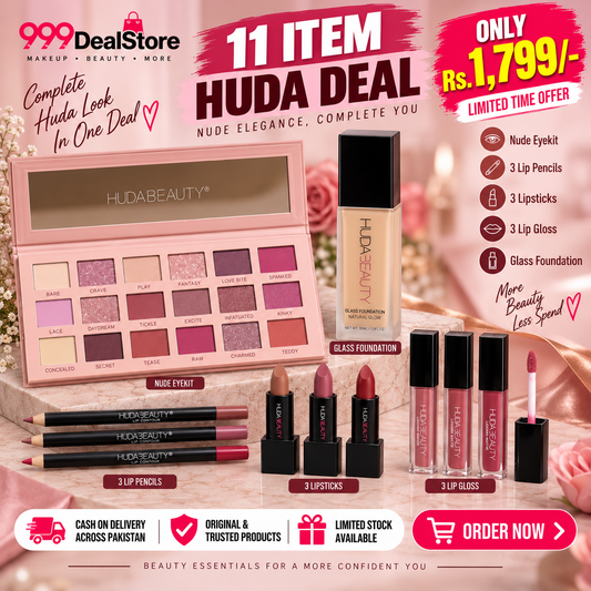 Huda Deal – Nude Eye Kit + 3 Jumbo Lip Pencils + 3 Bullet Lipsticks + 3 Mini Glosses + Glass Foundation)