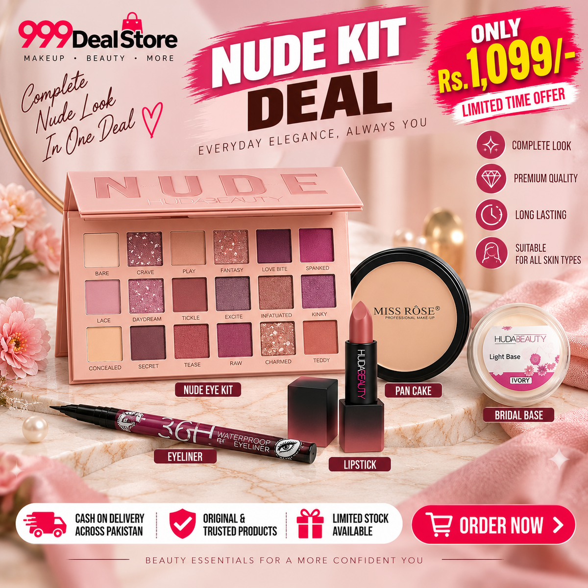 Glam Makeup Deal (Nude Kit + 36 Hr Eye Liner + Pan Cake + Handi Base + Lipstick)