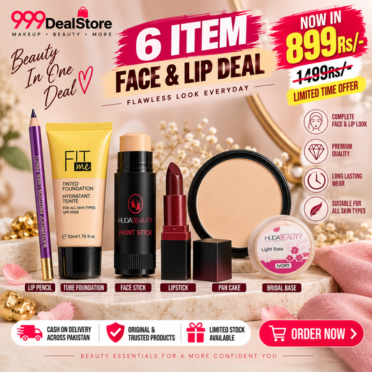 Ultimate Base & Lip Deal 6 Pcs (Tube Found + Face stick , Pan Cake & Handi Base + Lipstick & Lip Pencil