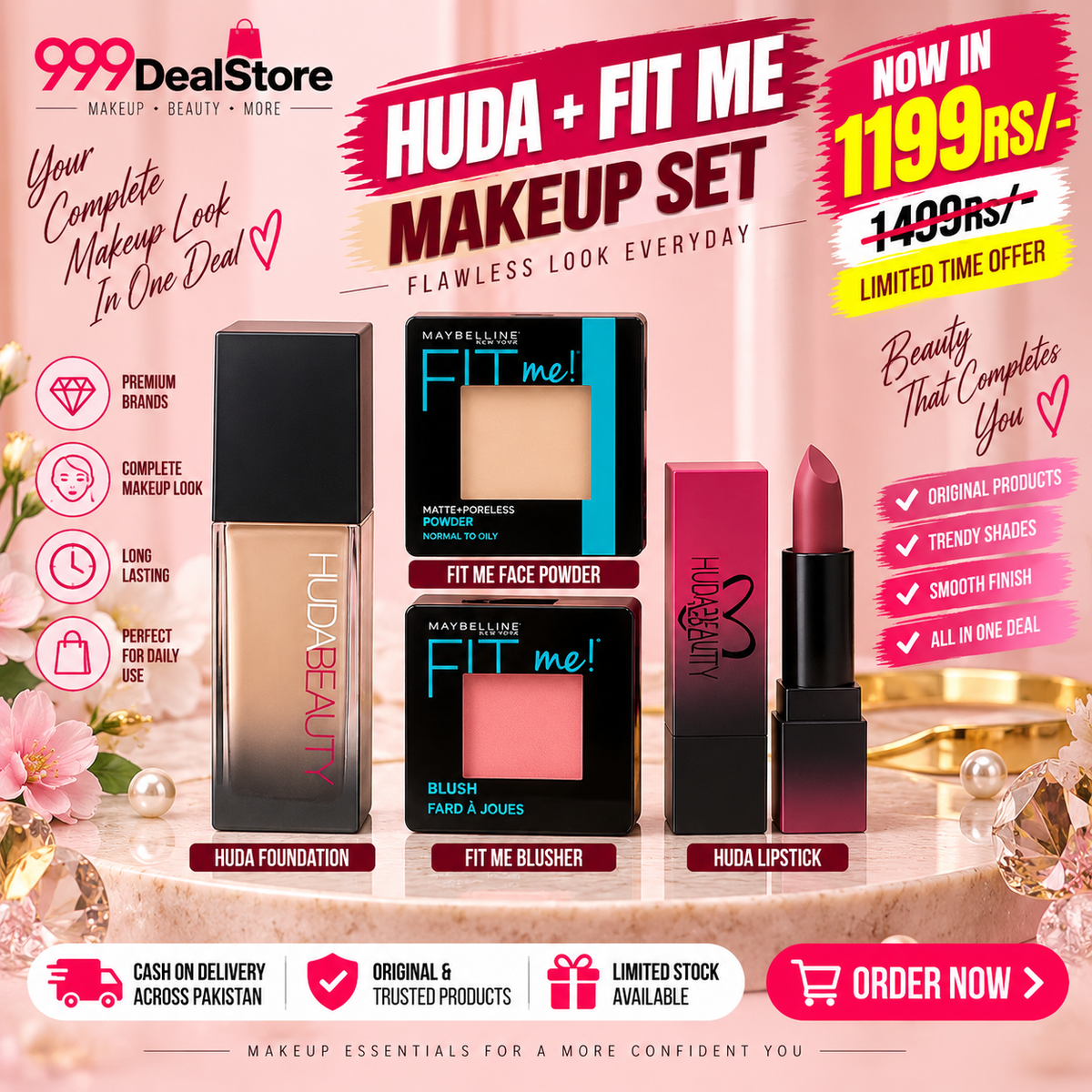 Makeup Deal – Huda Beauty Glass Foundation + Lipstick + Fit Me Face Powder & Blusher