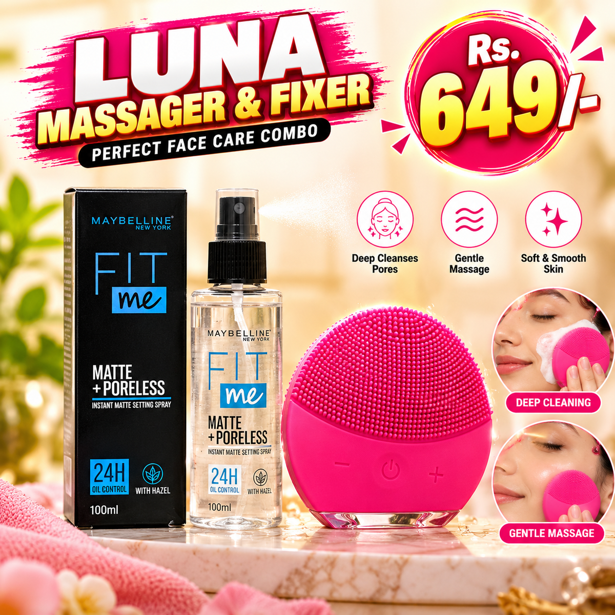 Relax & Glow Combo (Luna Mini Massager + Fit Me Matte Poreless Setting Spray)