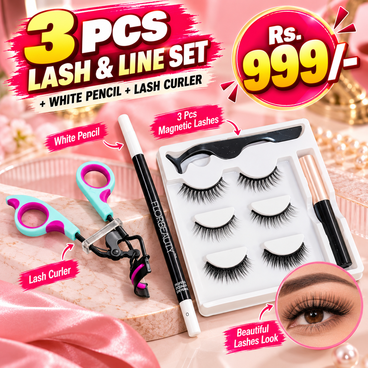 3 pcs Magnetic liner set , Lash curler & White pencil
