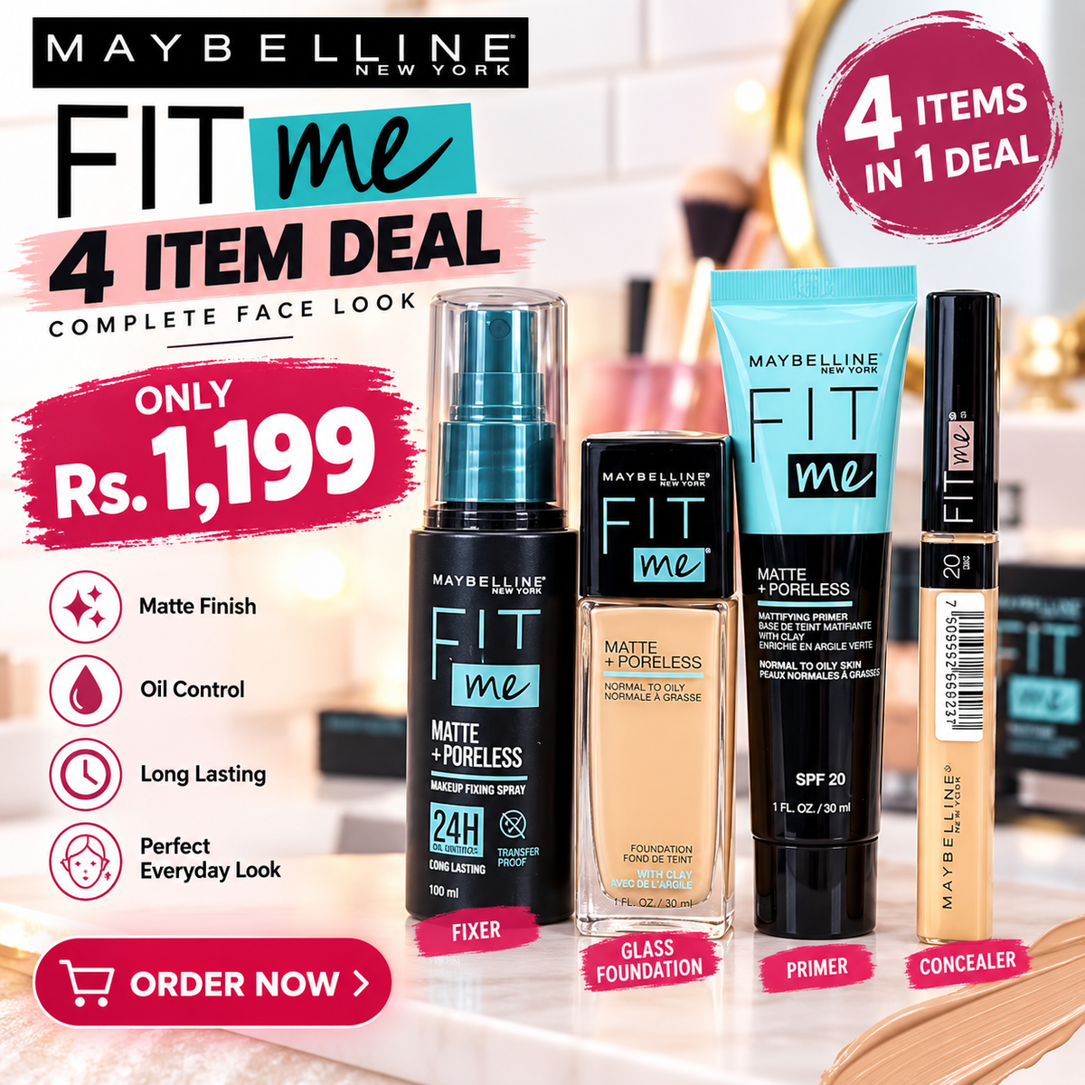 Fit Me 4-Item Makeup Deal (Glass found & Primer , Fixer & Conc)